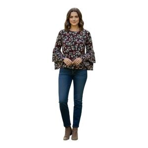 Ann Taylor LOFT Dark Floral Double Ruffle Bell Sleeve Blouse Top Petite Small SP